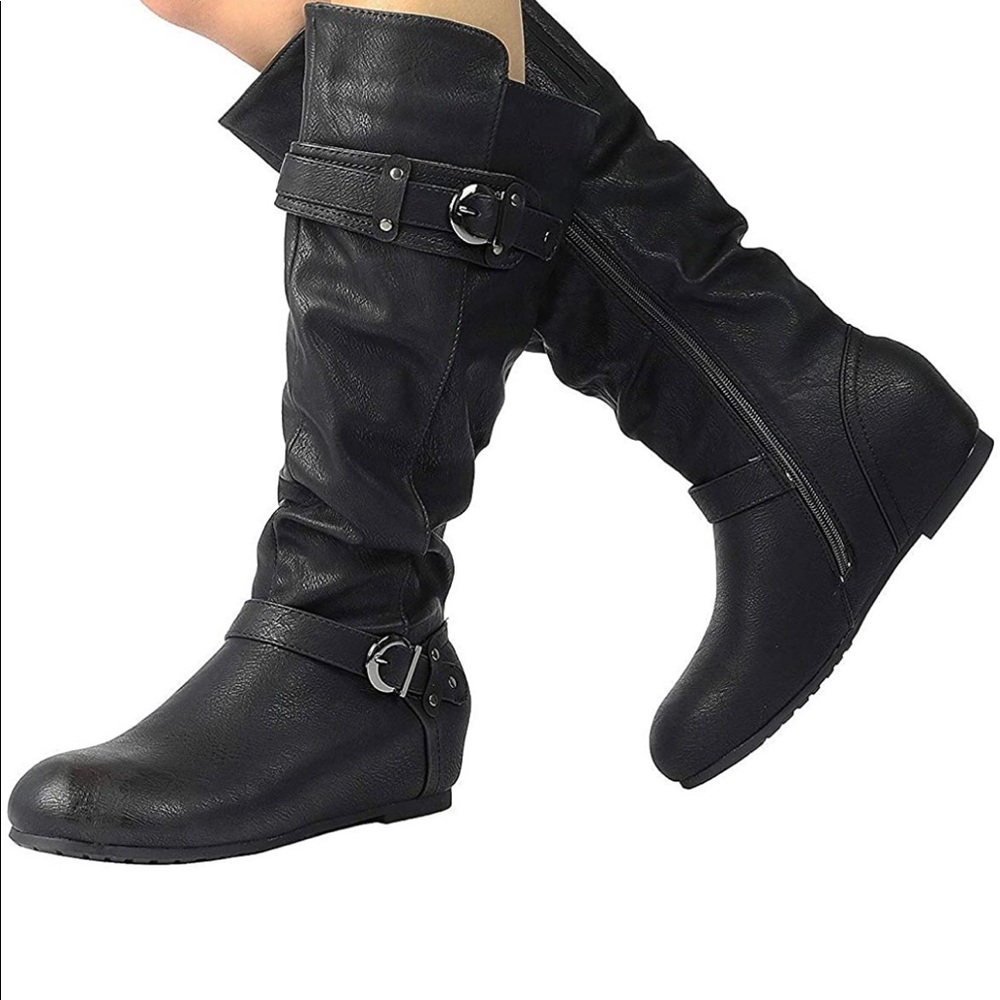 Women’s black knee high wedge boots